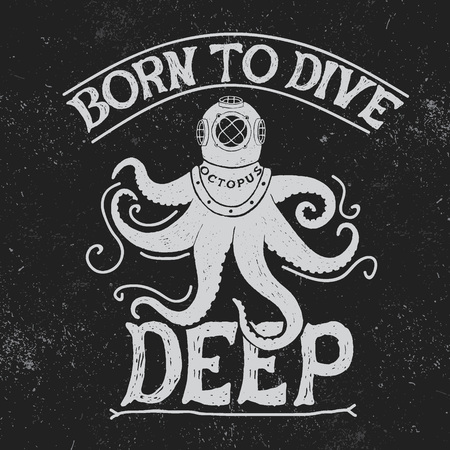 Vintage label with octopus-diver.Vintage style.Typography design for t-shirtsのイラスト素材