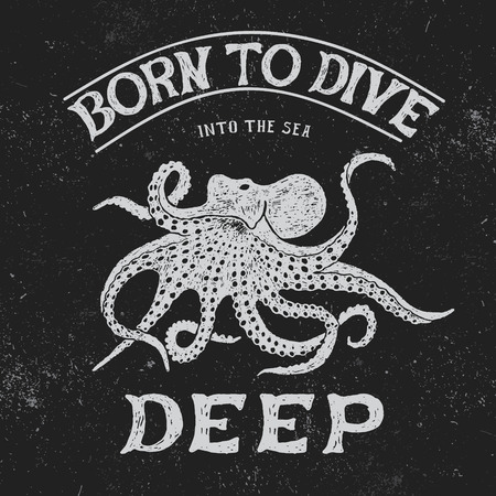 Vintage label with octopus.Vintage style.Typography design for t-shirtsのイラスト素材
