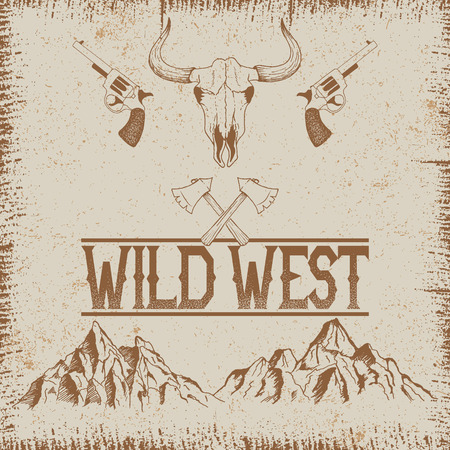Western vintage poster with skull of bull and mountains.Typography design for t-shirtsのイラスト素材