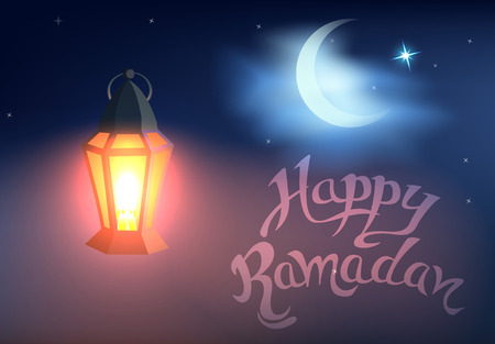 Shining lantern against blue night sky with an crescent moon.Cartoon styleのイラスト素材
