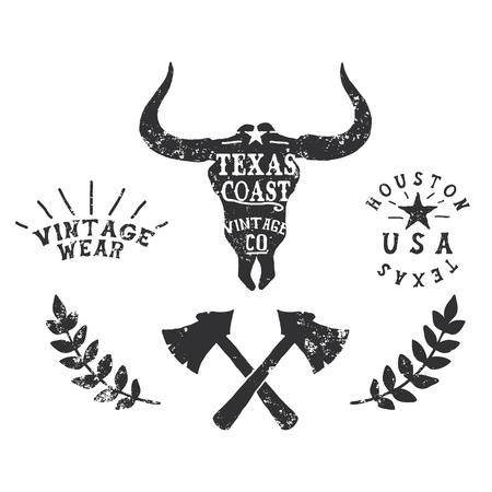 Vintage label with silhouette of bull head.Texas Coast.Typography western design for t-shirts.のイラスト素材