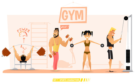 Young people are engaged in body building and fitness in the gym.Collection of sports characters.Vector illustrationのイラスト素材
