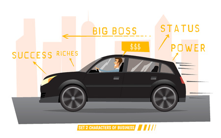 Businessman drives the car in city. Urban landscape.Cartoon vector illustrationのイラスト素材