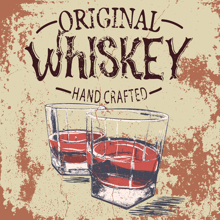 Two stemware of  the whiskey with grunge effect.Vintage labelのイラスト素材