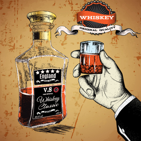 Hand holding a glass of tipple.Bootle stand near the hand.Vector illustrationのイラスト素材