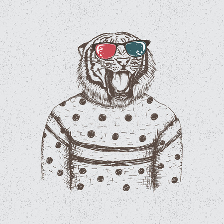 tiger dressed in the blouse.Hand drawn vector illustrationのイラスト素材