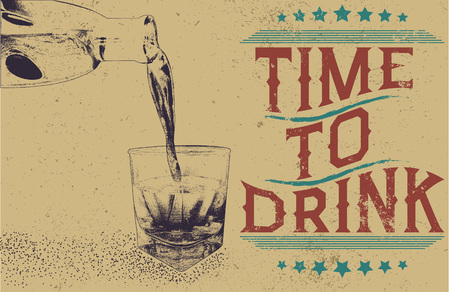 alcoholic drink is poured from bottle in glass.Vintage style.Vector monochrome illustrationのイラスト素材