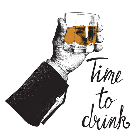 Male hand holding a glass of whiskey. Design for alcoholic drinks products. Vector illustrationのイラスト素材