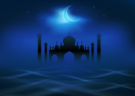Fog and clouds around islamic mosque. Crescent moon shines in the night sky. Religion themeのイラスト素材