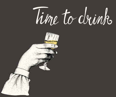 Woman hand hold a glass of alcohol drink on black background.Vector vintage illustrationのイラスト素材