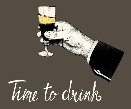 Woman hand hold a glass of of alcohol drink on black background.Vector vintage illustrationのイラスト素材