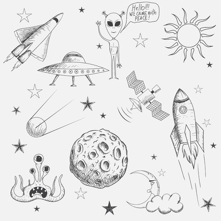 Collection of space objects isolated on white background. Hand drawn style.Vector illustrationのイラスト素材