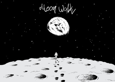 Astronaut walking on surface of moon.Earth is visible far awayのイラスト素材