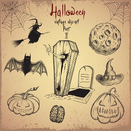 Vintage clip art. Collection of scary objects for Halloween design.Hand drawn style.Vector illustrationのイラスト素材