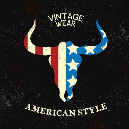 Vintage label with silhouette of bull head and american flag on him.Typography design for t-shirtsのイラスト素材