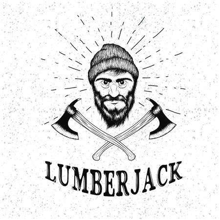 Face of lumberjack with beard,hat and two axes.Prints design for t-shirts.Hand drawn illustrationのイラスト素材