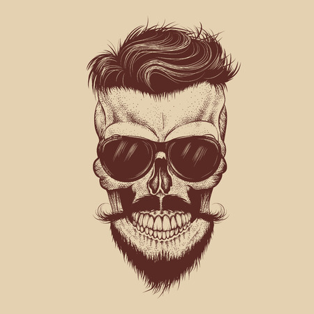 Hipster skull with sunglasses, mustache and beard.Fashion style.Hand drawn work.Vector illustrationのイラスト素材
