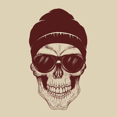 Skull with sunglasses and hat.Fashion style.Vector hand drawn illustrationのイラスト素材