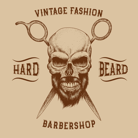 Skull with beard and scissors .Hand drawn style.Vector illustrationのイラスト素材