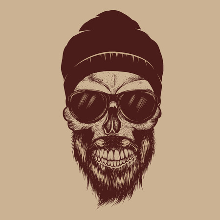 Fashionable skull with sunglasses,beard and hat.Street guy.Vector hand drawn illustrationのイラスト素材