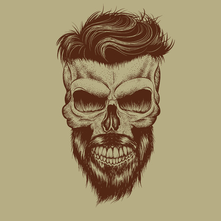 Skull with hairstyle and beard.Detailed work .Engraving style.Hand drawn vector illustrationのイラスト素材