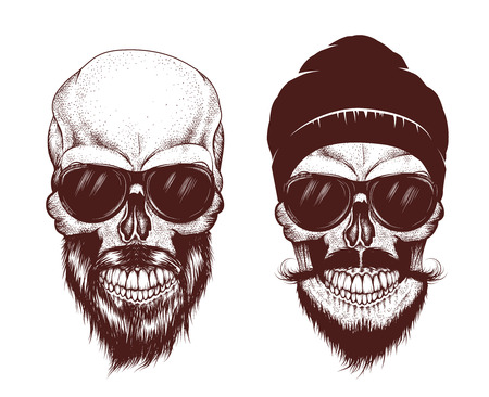 Two modern skull with sunglasses. Hand drawn vector illustrationのイラスト素材