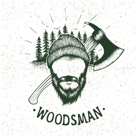 lumberjack with ax on forest background.Vector hand drawn illustrationのイラスト素材