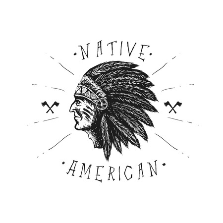 Face of indian chief. Vintage label. Hand drawn vector illustrationのイラスト素材