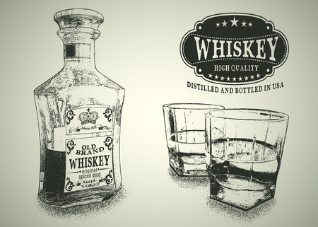 Stemware and bottle with whiskey.Engraving style.Design for advertising of alcohol drink.Vector illustrationのイラスト素材