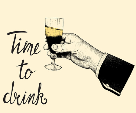Male hand raises a glass of champagne on white background.Engraved work.Vintage style.Vector illustrationのイラスト素材