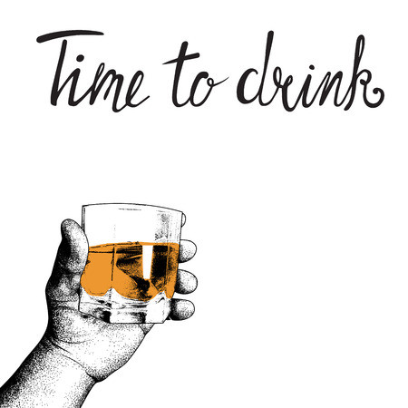 Human hand raises a glass of alcoholic drink.Isolated on white background. Vector illustration made by dots in engraving styleのイラスト素材