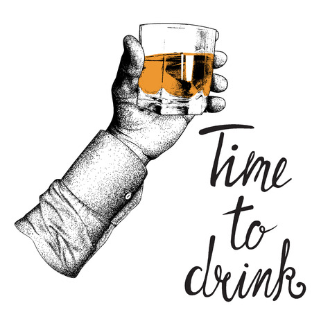 man's hand in shirt raises glass.Engraving style. Vector illustration made by dots in engraving styleのイラスト素材