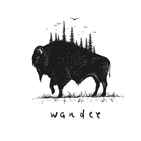 Abstract buffalo with forest on him. Vintage style.Vector illustrationのイラスト素材