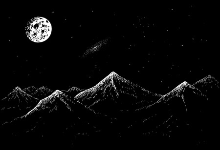 landscape of mountains with moonlight in the night.Vector hand drawn illustrationのイラスト素材