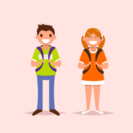 Schoolgirl and scoolboy on isolated background.Vector illustration. Flat styleのイラスト素材