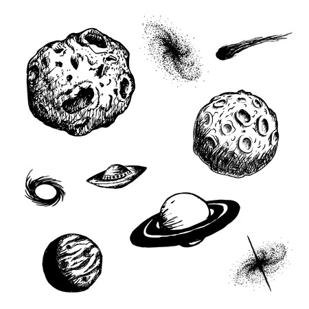 Graphic illustration with ufo,galaxy,asteroids,planets,black hole,quasar,comet and moon isolated on white background.Hand drawn styleのイラスト素材
