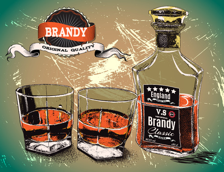 two glasses with bottle of alcohol drink.Vintage poster.Vector illustrationのイラスト素材