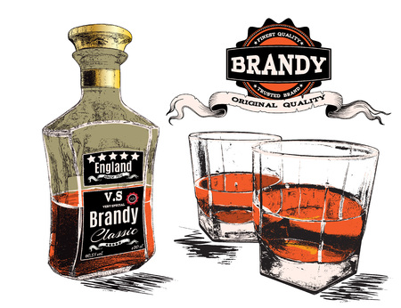 Brandy in two glasses and bottle.Vector illustrationのイラスト素材