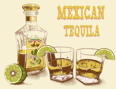 Two stemware of tequila with bottle and lime. Vintage poster.Vector illustrationのイラスト素材