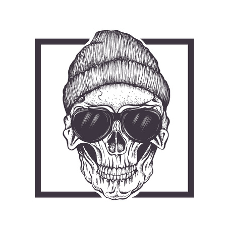 Hipster skull with sunglasses and hat.Fashion style.Vector hand drawn illustrationのイラスト素材