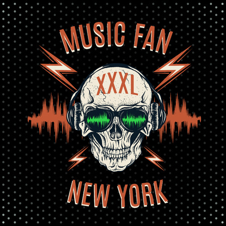 Skull listening to music on headphones.DJ at the disco.Vector labelのイラスト素材