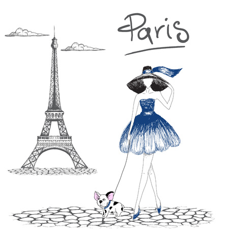 Girl walking with french bulldog in the Paris.Fashion styleのイラスト素材