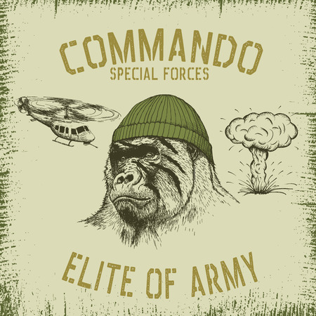 Gorilla-soldier in hat and dazzle paint.Commando.Prints design for t-shirtsのイラスト素材