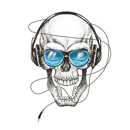 smiling skull listening a music in headphones.Vector illustrationのイラスト素材