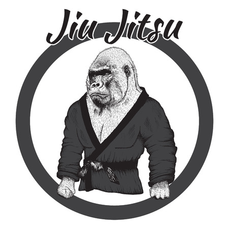 Wrestler gorilla dressed in kimono.Hand drawn style.Label for Jiu Jitsuのイラスト素材