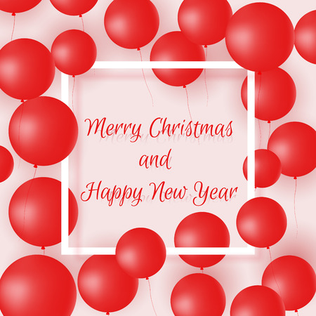 Colorful poster with red balloons for holiday.Merry Christmas and Happy New Year.Vector illustrationのイラスト素材