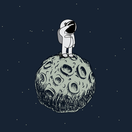Cartoon astronaut standing on the moon and looking into the infinity.Childish vector illustrationのイラスト素材