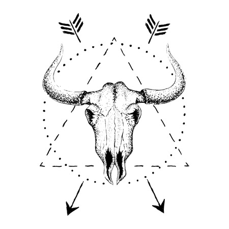 Skull of bull with horns.Vintage label.Retro designのイラスト素材