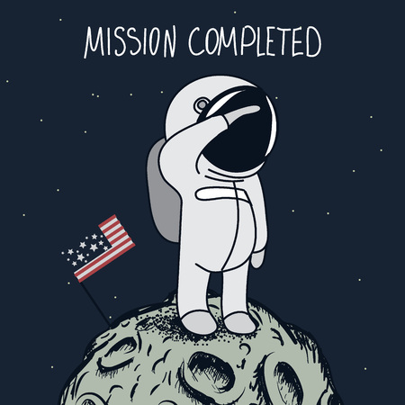 Cartoon astronaut standing on the moon and looking into the infinity.Childish vector illustrationのイラスト素材