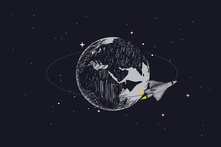spaceship orbiting at the Earth.Hand drawn vector illustrationのイラスト素材